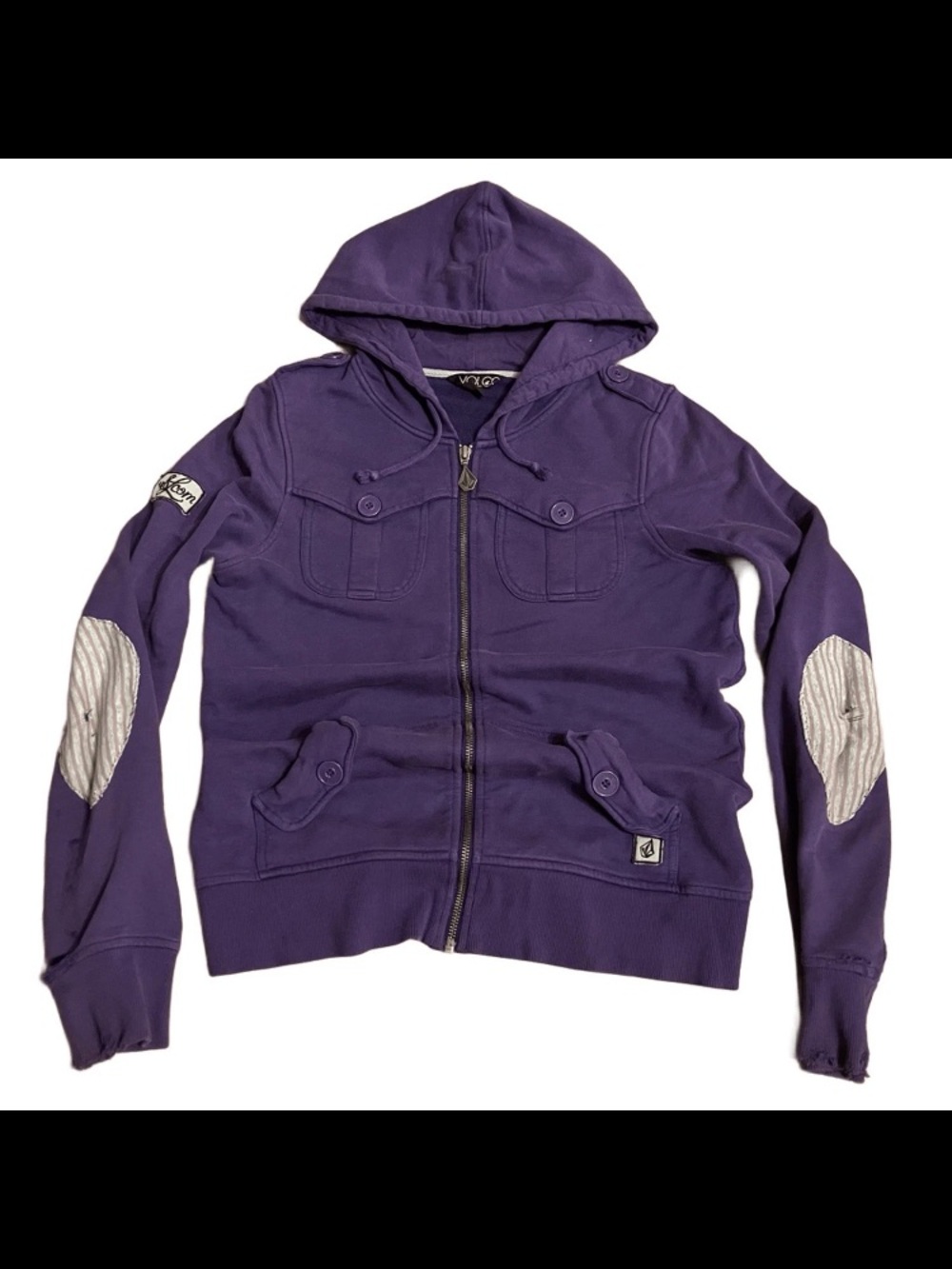 Volcom Hoodie Women Medium Purple Elbow Patches Utility Military Distressed Y2K